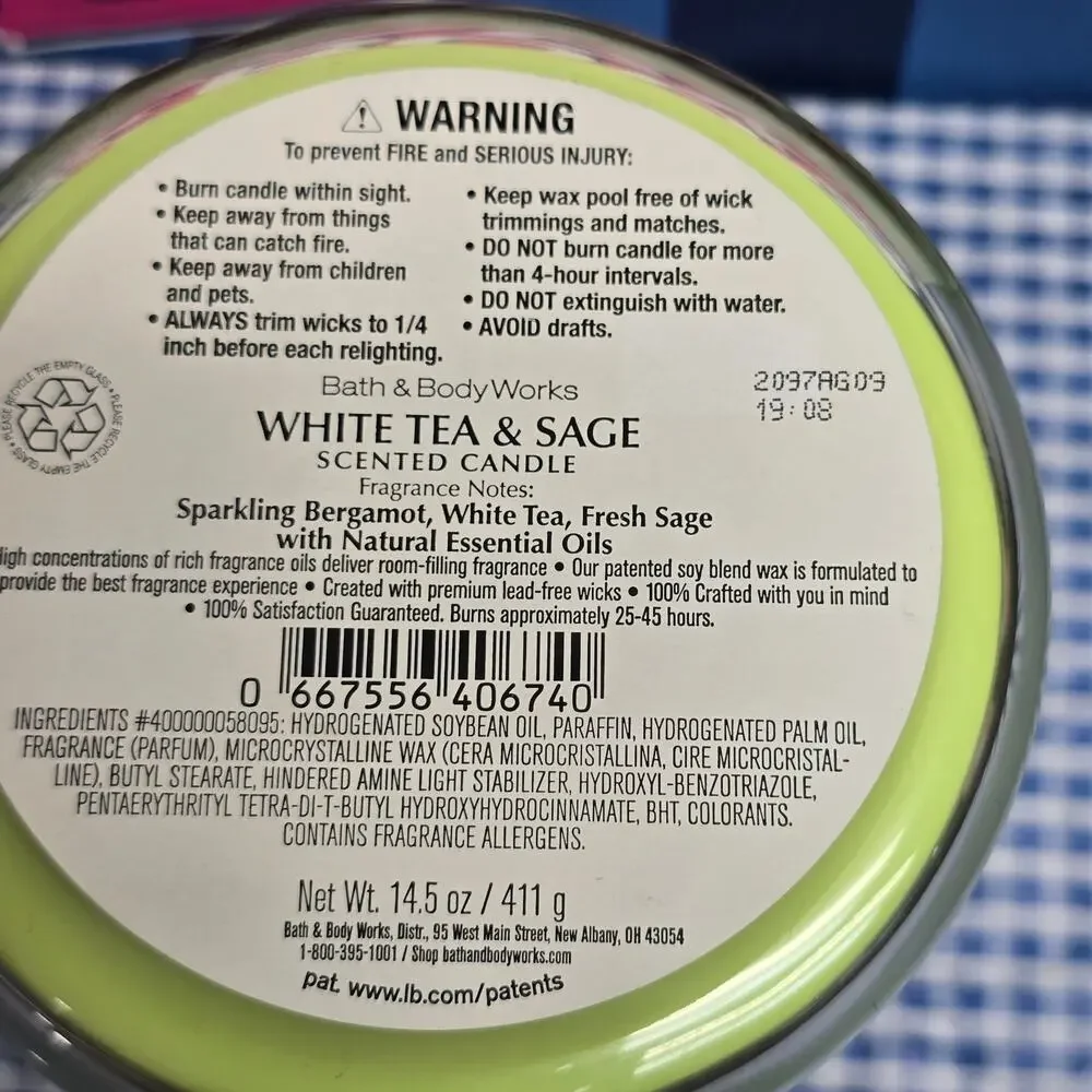 BBW White Tea & Sage Large 3 Wick Candle Fresh Spring Home Fragrance Decor